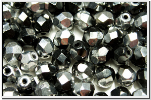 Bhm. Glasschliffperle, feuerpol., 6mm, black, op., half silver, 25 Stk.