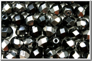 Bhm. Glasschliffperle, feuerpol., 6mm, black, op., half chrome, 25 Stk.