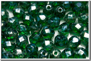 Bhm. Glasschliffperle, feuerpol., 6mm, emerald, trans., silver picasso, 25 Stk.