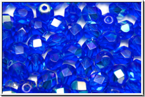 Bhm. Glasschliffperle, feuerpol., 6mm, sapphire, dk., trans., AB, 25 Stk.