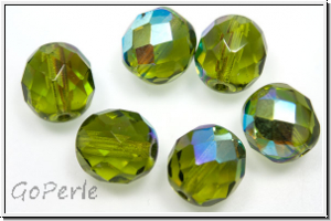 Bhm. Glasschliffperle, feuerpol., 10mm, olivine, trans., AB, 6 Stk.