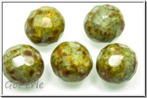 Bhm. Glasschliffperle, feuerpol., 12mm, white, alabaster, green/brown marbled, 5 Stk.