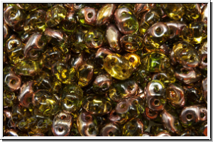 SD-50230-27101, SuperDuo Beads, olivine, lt., trans., half capri gold, 10g