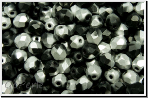 Bhm. Glasschliffperle, feuerpol., 4mm, black, op., half silver, matte, 50 Stk.