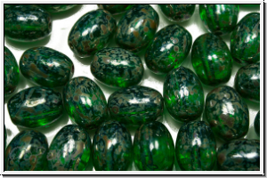 Bhm. Glasperle, Olive, 9x7mm, emerald, lt., trans., silver picasso, 5 Stk.