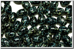 Bhm. Glasperle, Olive, 7x5mm, black, op., silver picasso, 10 Stk.