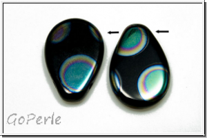 Bhm. Glasperle, Tropfen, flach, 12x18mm, black, op., peacock, 1 Stk.