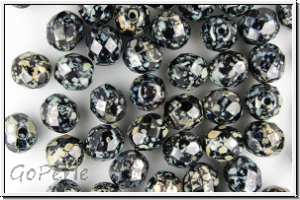 Bhm. Glasschliffperle, feuerpol., 8mm, black, opaque, silver picasso, 10 Stk.