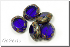 bhm. Glasperle, table cut, oval, 14x12mm, cobalt, trans., picasso, 5 Stk.