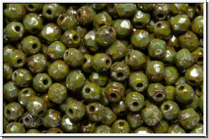 Bhm. Glasschliffperle, feuerpol., 3mm, olivine, dk., op., silver picasso, 50 Stk.