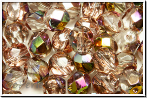 Bhm. Glasschliffperle, feuerpol., 6mm, crystal, trans., half rose gold, 25 Stk.