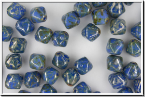 bhm. Glasperle, Bicone, 8mm, blue, opaque, silverpicasso, 10 Stk.