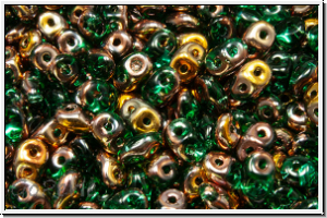 SD-50720-27101, SuperDuo Beads, emerald, lt., trans., half capri gold, 10g