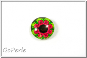 Glascabochon, hinterklebt, rund, 12x4mm, pink flower on green, 1 Stk.