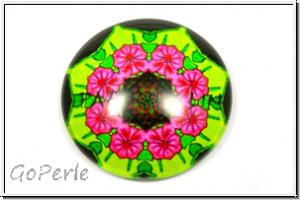 Glascabochon, hinterklebt, rund, 25x6mm, pink flower on green, 1 Stk.