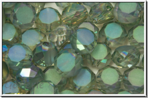 chin. Kristallschliffperle, flat round, 8x5mm , crystal, trans., green/grey luster, AB, 10 Stk.