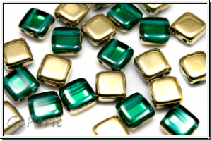 TILE-Beads, 6x6mm, emerald, trans., half brass, 25 Stk.