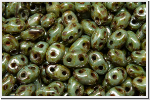 MiniDuo Beads, MATUBO, 2,5x4mm, white, op., green marbled, 5g