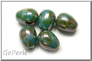 Bhm. Glasperle, Tropfen, lngs gebohrt, 11x8mm, white, op., blue/brown marbled, 5 Stk.