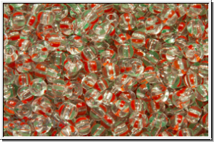 PR-11-00950, PRECIOSA Rocailles, 11/0, crystal, trans., 2 green and 2 red stripes, 20g