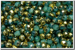 Bhm. Glasschliffperle, feuerpol., 3mm, turquoise, opal, half brass, 50 Stk.