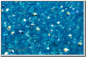 Bhm. Glasschliffperle, feuerpol., 3mm, aqua, dk., trans., AB, 50 Stk.