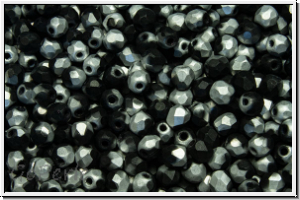 Bhm. Glasschliffperle, feuerpol., 3mm, black, op., half silver, matte, 50 Stk.