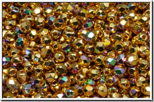 Bhm. Glasschliffperle, feuerpol., 3mm, crystal, trans., full 24kt gold plated, AB, 50 Stk.