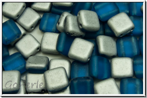 TILE-Beads, 6x6mm, capri blue, trans., half silver, matte, 25 Stk.