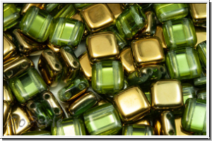 TILE-Beads, 6x6mm, peridot, lt., trans., half brass, 25 Stk.