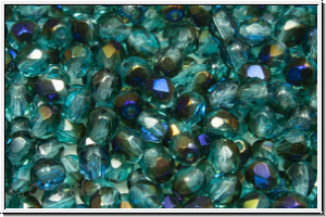 Bhm. Glasschliffperle, feuerpol., 4mm, aqua, med., trans., half volcano, 50 Stk.