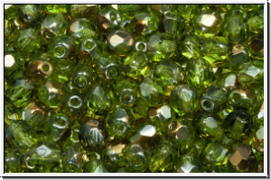 Bhm. Glasschliffperle, feuerpol., 4mm, olivine, trans., half valentinite, 50 Stk.