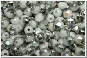 Bhm. Glasschliffperle, feuerpol., 4mm, white, op., half silver AB, 50 Stk.