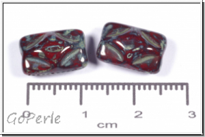 bhm. Glasperle, Kissen, 8,5x12,5x7mm, op. dk. red/picasso, 5 Stk.