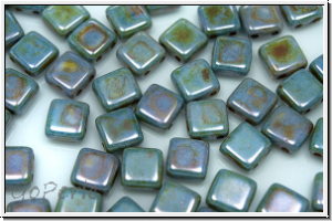 TILE-Beads, 6x6mm, white, op., blue/brown marbled, 25 Stk.