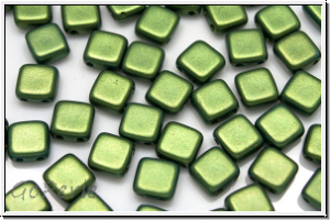 TILE-Beads, 6x6mm, white, alabaster, green gold shine, 25 Stk.