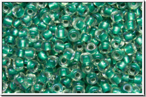 R-11-0264, TOHO Rocailles, 11/0, crystal, trans., teal-ld., AB, 10g