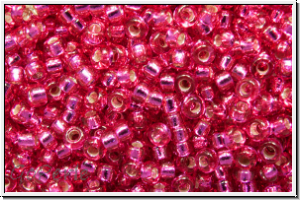 RR-15-1436, MIYUKI Rocailles, 15/0, raspberry (dyed), bright, trans., silver-ld., 5g