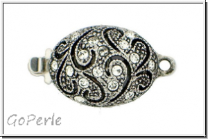 Verschlu, oval, Metall, antik Silber, Strass-Steinchen