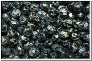 Bhm. Glasschliffperle, feuerpol., 4mm, black, op., silver picasso, 50 Stk.