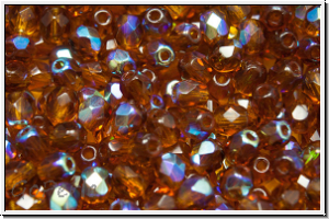 Bhm. Glasschliffperle, feuerpol., 4mm, topaz, dk., trans., AB, 50 Stk.