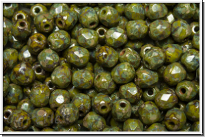 Bhm. Glasschliffperle, feuerpol., 4mm, olivine, dk., op., silver picasso, 50 Stk.