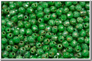 Bhm. Glasschliffperle, feuerpol., 3mm, jade green, dk., op., silver picasso, 50 Stk.