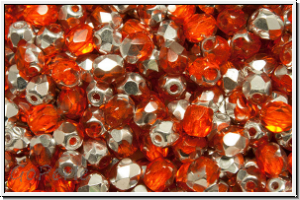 Bhm. Glasschliffperle, feuerpol., 4mm, orange, dk., trans., half silver, 50 Stk.