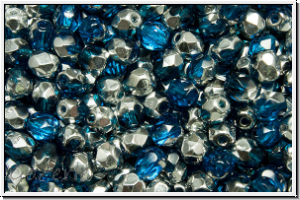 Bhm. Glasschliffperle, feuerpol., 4mm, capri blue, trans., half silver, 50 Stk.