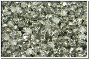 Bhm. Glasschliffperle, feuerpol., 3mm, crystal, trans., half silver, 50 Stk.