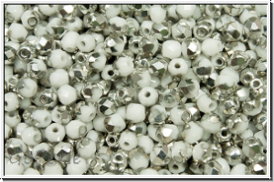 Bhm. Glasschliffperle, feuerpol., 3mm, white, op., half silver, 50 Stk.