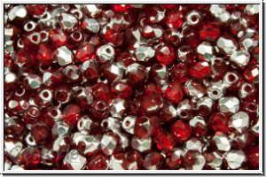 Bhm. Glasschliffperle, feuerpol., 3mm, siam, trans., half silver, 50 Stk.