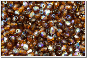 Bhm. Glasschliffperle, feuerpol., 3mm, topaz, dkst., trans., AB, 50 Stk.