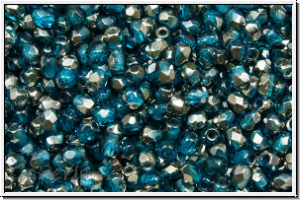 Bhm. Glasschliffperle, feuerpol., 3mm, capri blue, lt., trans., half chrome, 50 Stk.